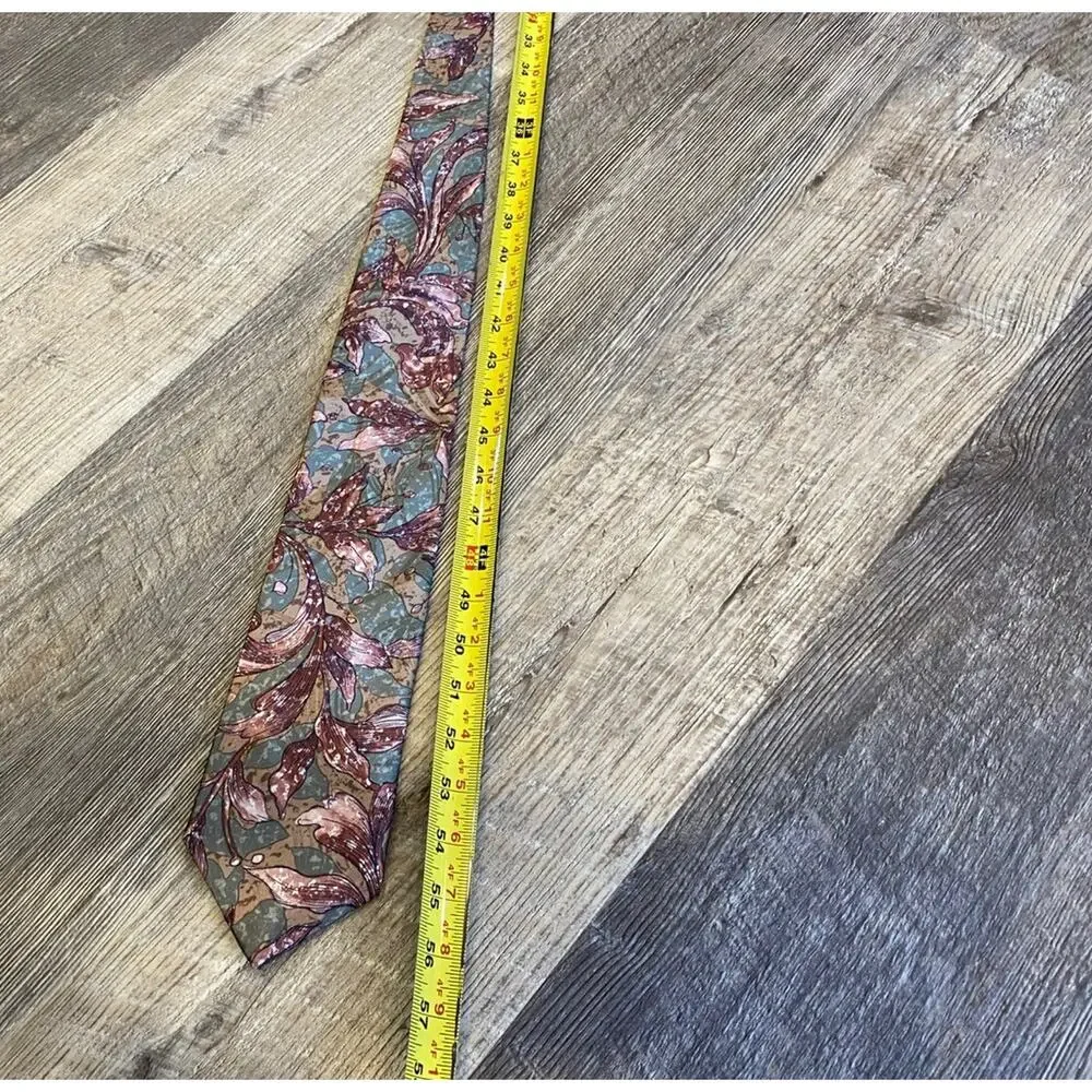 Mens Silk Necktie Pagliano Milan New York Green Brown Earth Tones Floral AOP